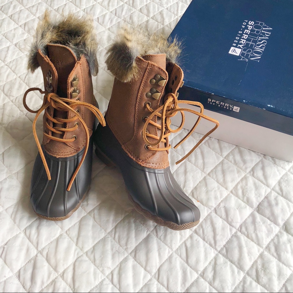 Nib Nwt Sperry Faux Fur Trim Rubber Duck Boots Size 5
